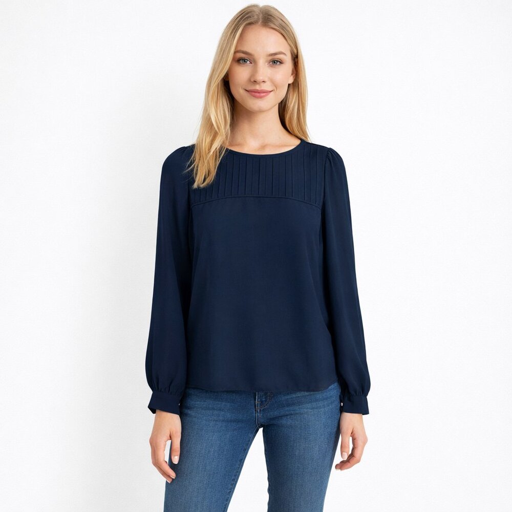 2/$30 LOFT Petite Sheer Pleated Puff Sleeve Blouse Black XSP #A1700
